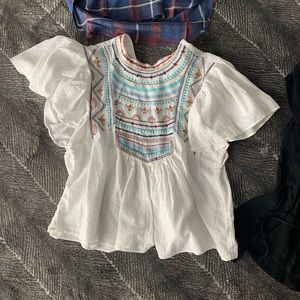 Zara Embroidered flutter sleeve mock neck blouse
